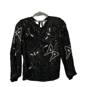 Judith Ann Creations Beaded Silk Top VTG Butterfly Embellished ArtDeco Goth Glam